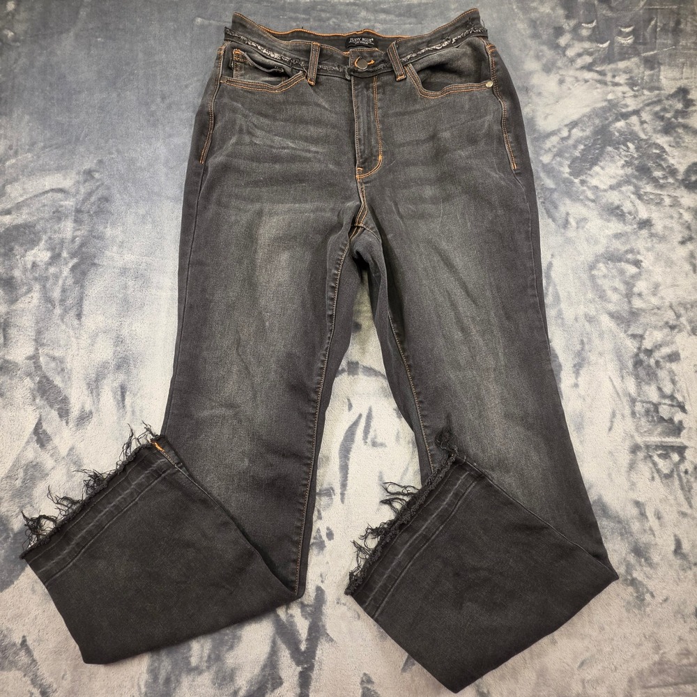 Judy Blue Slim Bootcut Jeans Womens 14W Faded Black Raw Hem Frayed High Rise